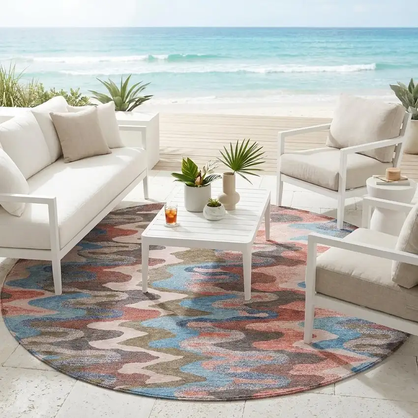 8' Pink And Coral Round Abstract Washable Indoor Outdoor Area Rug Photo 1