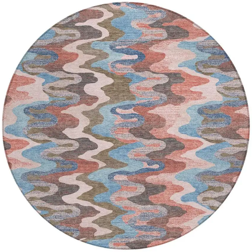 8' Pink And Coral Round Abstract Washable Indoor Outdoor Area Rug Photo 4