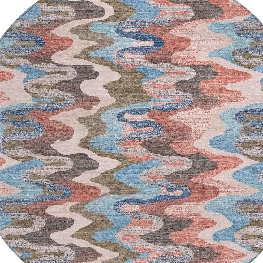 8' Pink And Coral Round Abstract Washable Indoor Outdoor Area Rug Photo 3