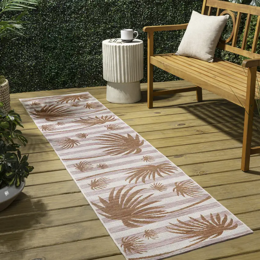8' Pink And Cream Floral Indoor Outdoor Runner Rug Photo 4