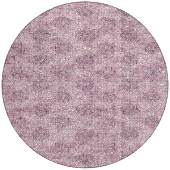 8' Pink And Eggplant Round Damask Washable Indoor Outdoor Area Rug Photo 3