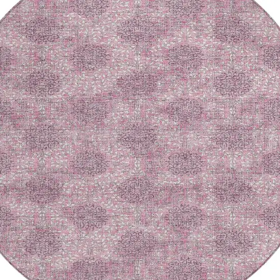 8' Pink And Eggplant Round Damask Washable Indoor Outdoor Area Rug Photo 4