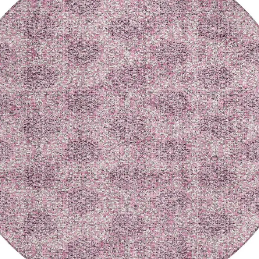 8' Pink And Eggplant Round Damask Washable Indoor Outdoor Area Rug Photo 4