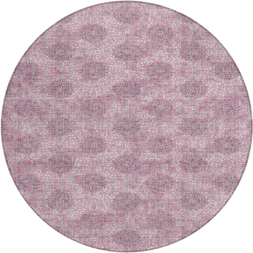 8' Pink And Eggplant Round Damask Washable Indoor Outdoor Area Rug Photo 1