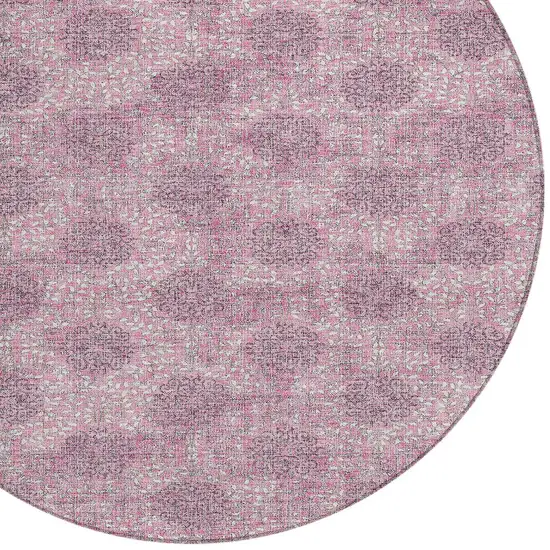 8' Pink And Eggplant Round Damask Washable Indoor Outdoor Area Rug Photo 8