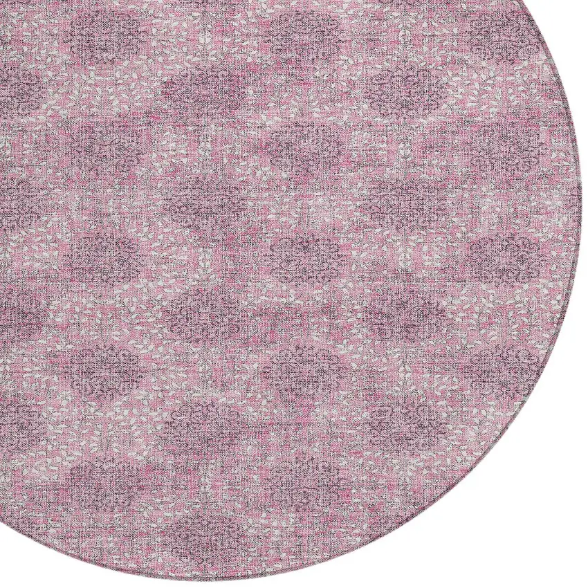 8' Pink And Eggplant Round Damask Washable Indoor Outdoor Area Rug Photo 8
