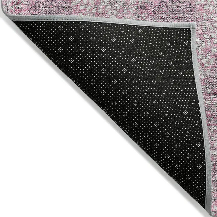 8' Pink And Eggplant Round Damask Washable Indoor Outdoor Area Rug Photo 9