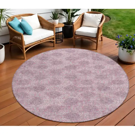 8' Pink And Eggplant Round Damask Washable Indoor Outdoor Area Rug Photo 2