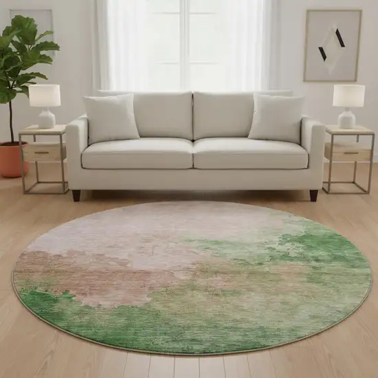 8' Pink And Emerald Abstract Washable Round Rug With UV Protection Photo 1