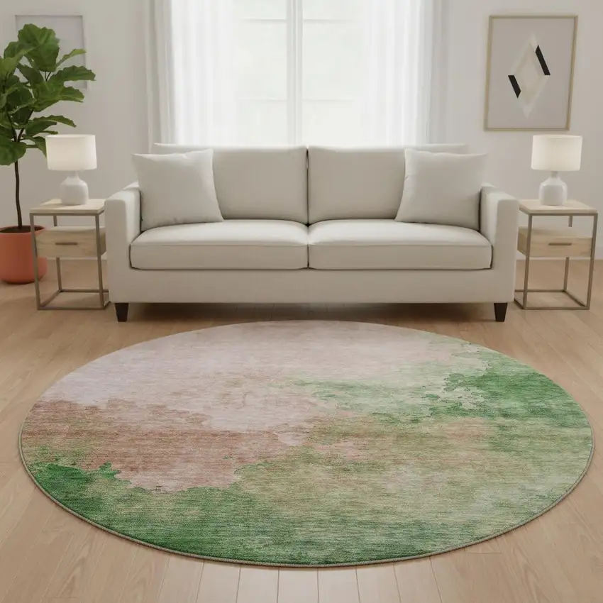 8' Pink And Emerald Abstract Washable Round Rug With UV Protection Photo 1