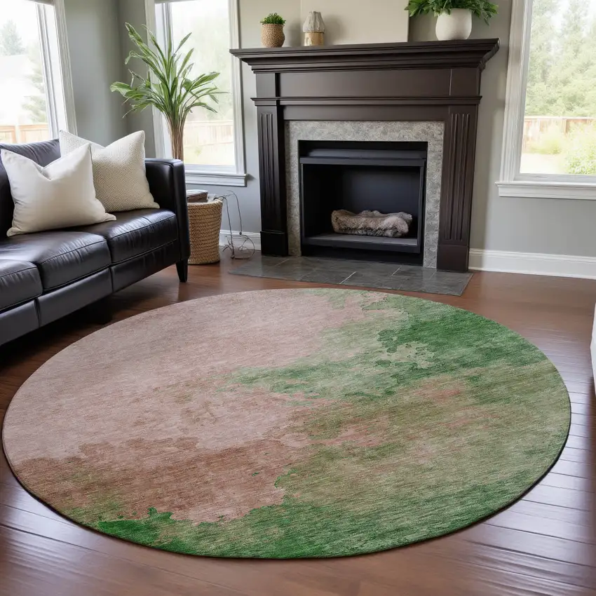 8' Pink And Emerald Abstract Washable Round Rug With UV Protection Photo 4