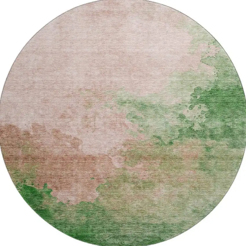 8' Pink And Emerald Abstract Washable Round Rug With UV Protection Photo 3