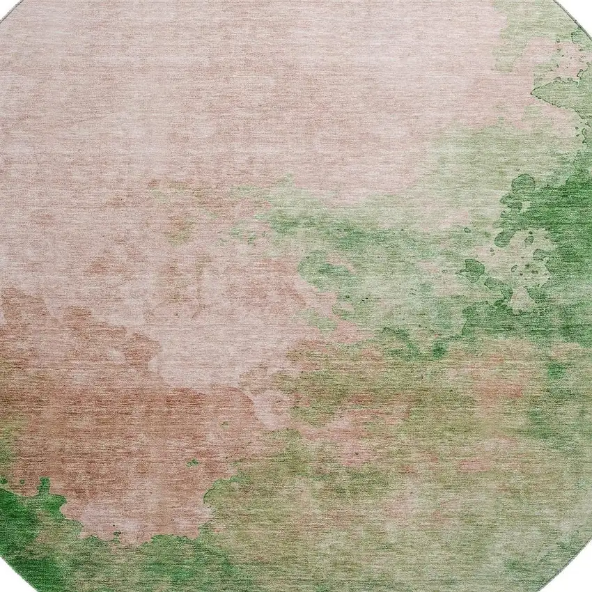 8' Pink And Emerald Abstract Washable Round Rug With UV Protection Photo 2