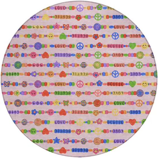 8' Pink And Fern Green Round Geometric Washable Indoor Outdoor Area Rug Photo 2