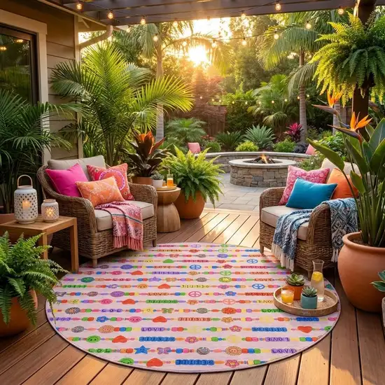 8' Pink And Fern Green Round Geometric Washable Indoor Outdoor Area Rug Photo 1