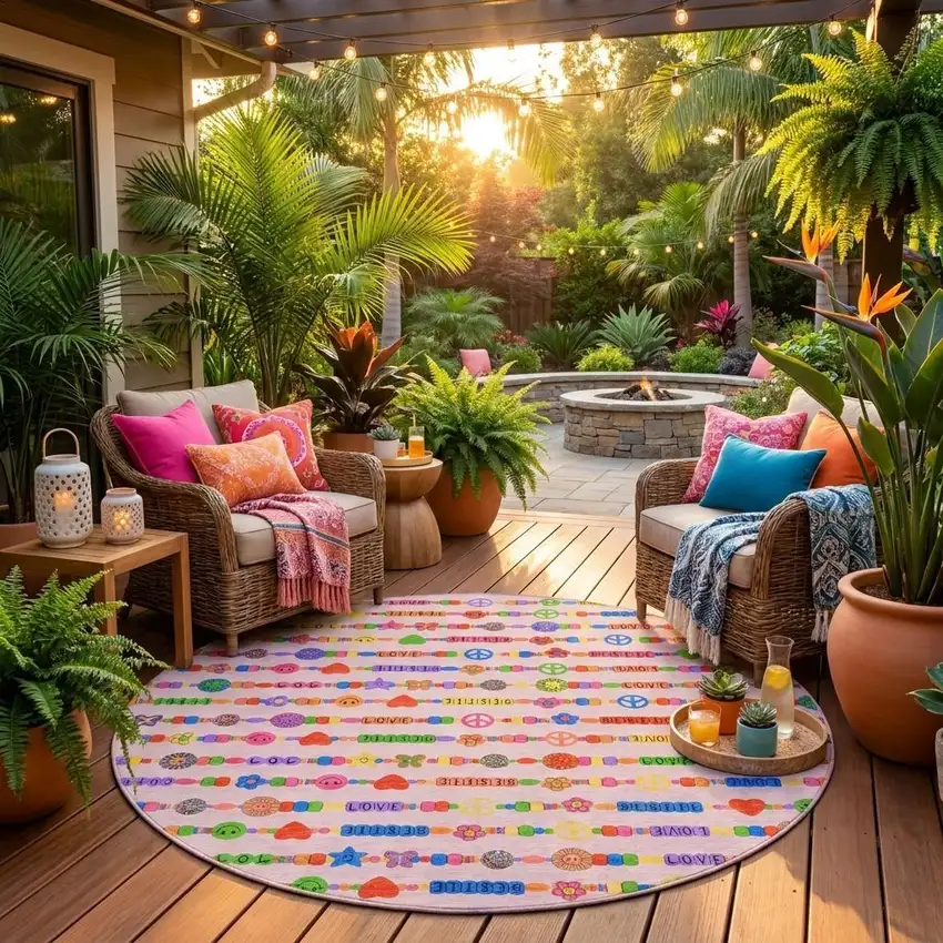 8' Pink And Fern Green Round Geometric Washable Indoor Outdoor Area Rug Photo 1