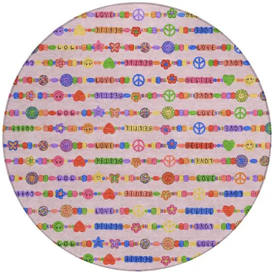 8' Pink And Fern Green Round Geometric Washable Indoor Outdoor Area Rug Photo 3