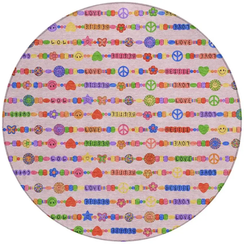 8' Pink And Fern Green Round Geometric Washable Indoor Outdoor Area Rug Photo 3