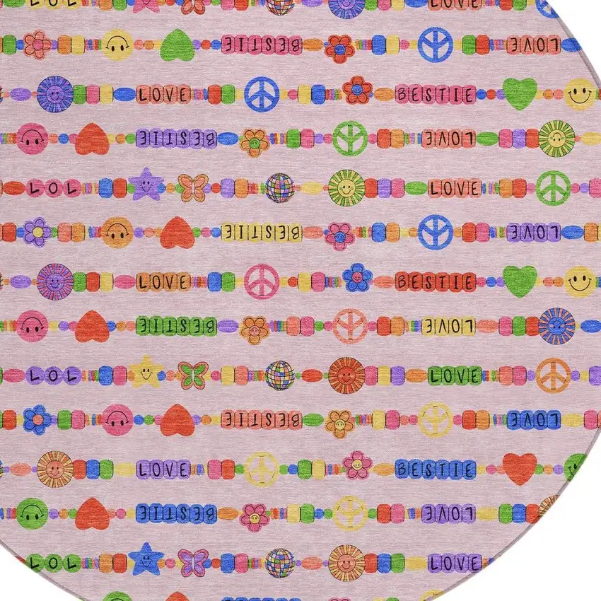 8' Pink And Fern Green Round Geometric Washable Indoor Outdoor Area Rug Photo 4