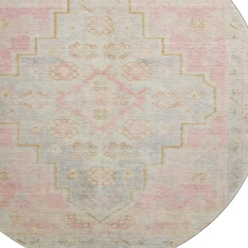 8' Pink And Gray Medallion Washable Round Rug With UV Protection Photo 3