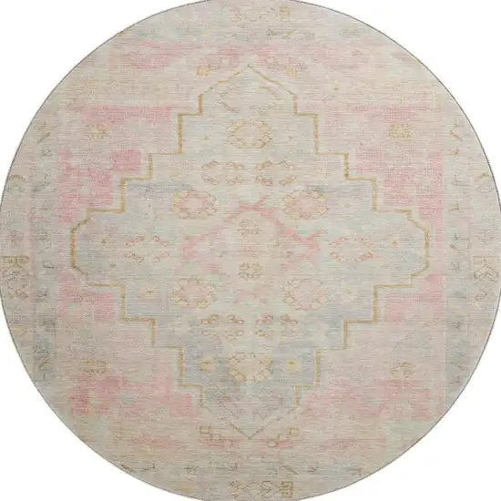 8' Pink And Gray Medallion Washable Round Rug With UV Protection Photo 4