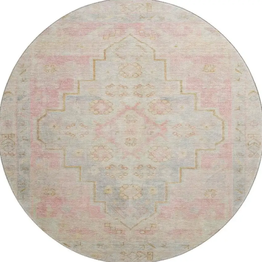 8' Pink And Gray Medallion Washable Round Rug With UV Protection Photo 4