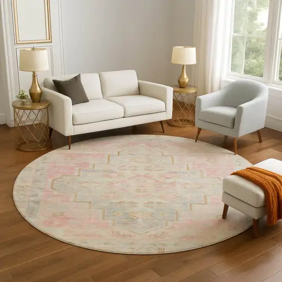 8' Pink And Gray Medallion Washable Round Rug With UV Protection Photo 5