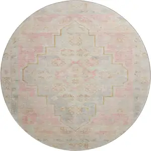 Photo of 8' Pink And Gray Medallion Washable Round Rug With UV Protection