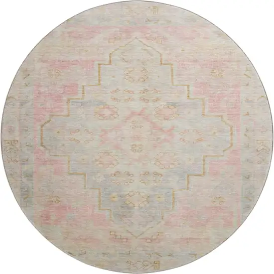 8' Pink And Gray Medallion Washable Round Rug With UV Protection Photo 1