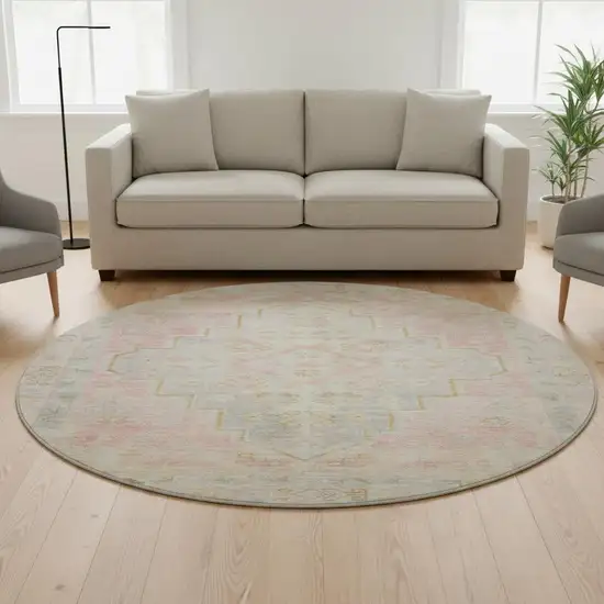 8' Pink And Gray Medallion Washable Round Rug With UV Protection Photo 2