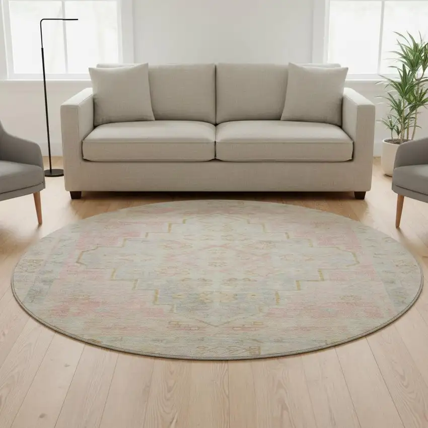 8' Pink And Gray Medallion Washable Round Rug With UV Protection Photo 2