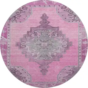 Photo of 8' Pink And Gray Oriental Washable Round Rug With UV Protection