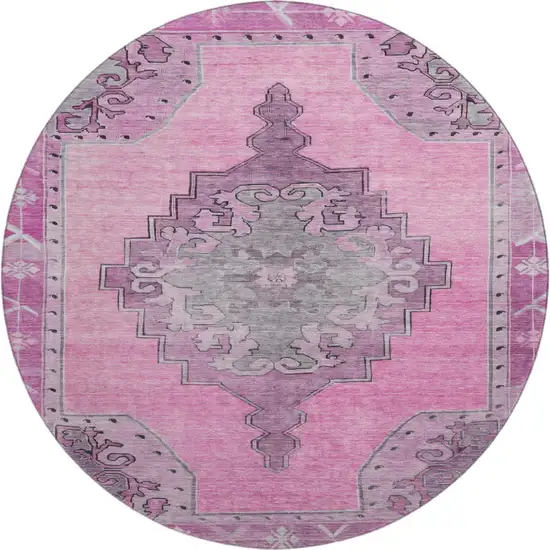 8' Pink And Gray Oriental Washable Round Rug With UV Protection Photo 1
