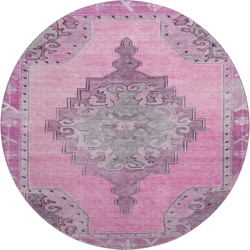8' Pink And Gray Oriental Washable Round Rug With UV Protection Photo 1