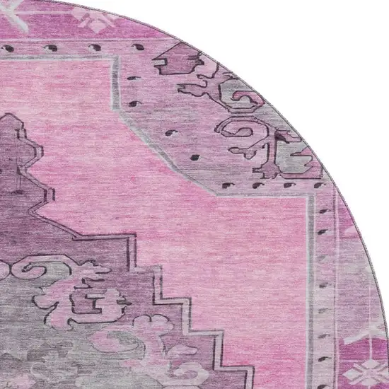 8' Pink And Gray Oriental Washable Round Rug With UV Protection Photo 3