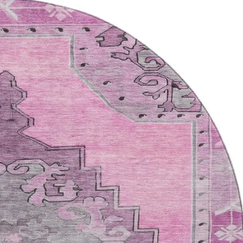 8' Pink And Gray Oriental Washable Round Rug With UV Protection Photo 3