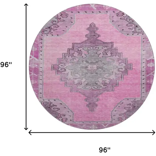 8' Pink And Gray Oriental Washable Round Rug With UV Protection Photo 9