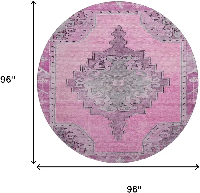 8' Pink And Gray Oriental Washable Round Rug With UV Protection Photo 9