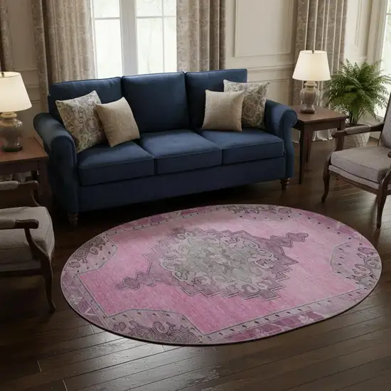 8' Pink And Gray Oriental Washable Round Rug With UV Protection Photo 2