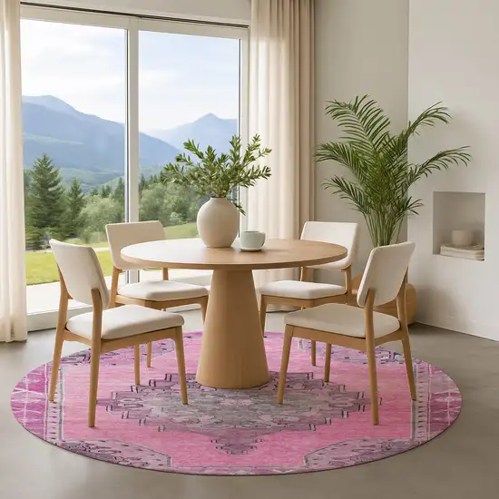 8' Pink And Gray Oriental Washable Round Rug With UV Protection Photo 4