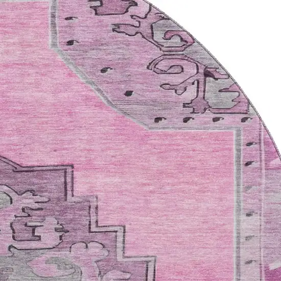 8' Pink And Gray Oriental Washable Round Rug With UV Protection Photo 2