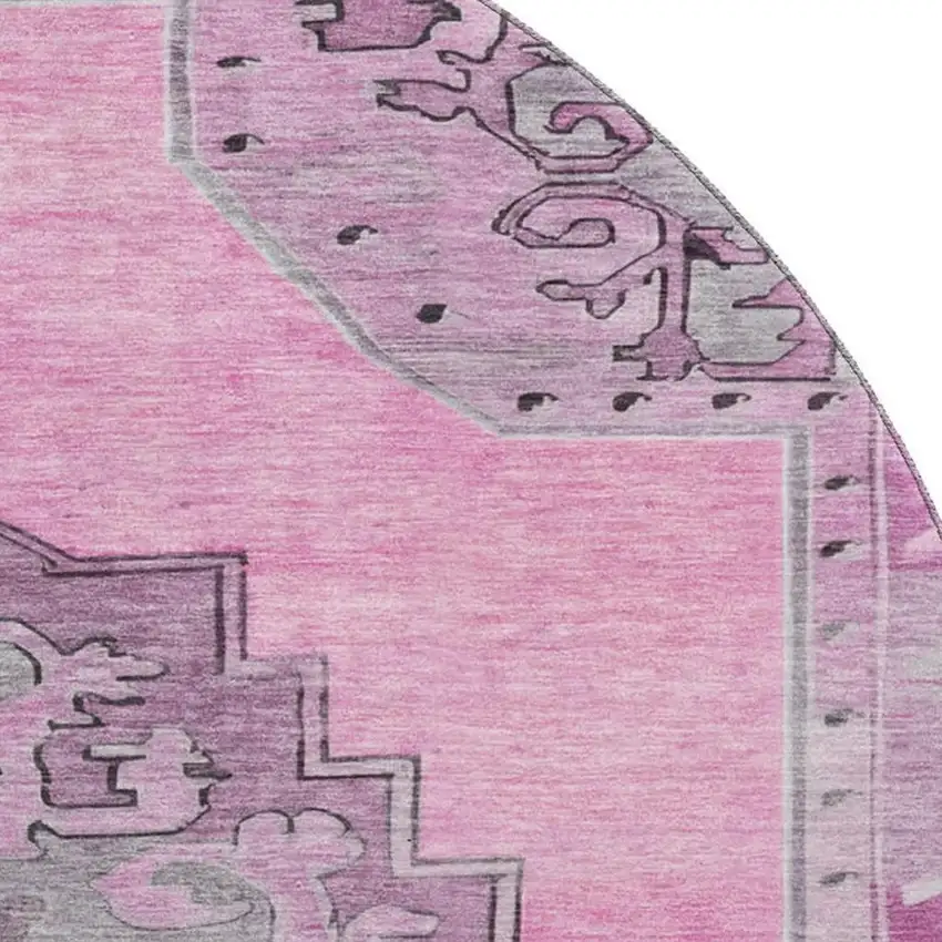 8' Pink And Gray Oriental Washable Round Rug With UV Protection Photo 2