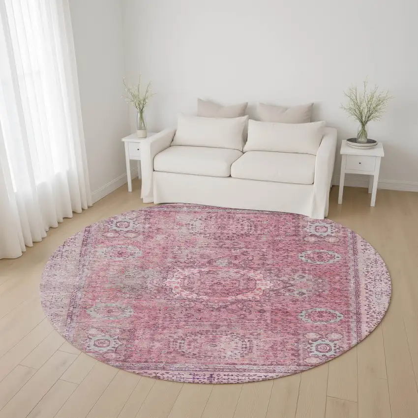 8' Pink And Gray Oriental Washable Round Rug With UV Protection Photo 4