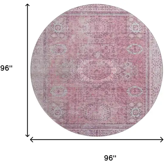 8' Pink And Gray Oriental Washable Round Rug With UV Protection Photo 9