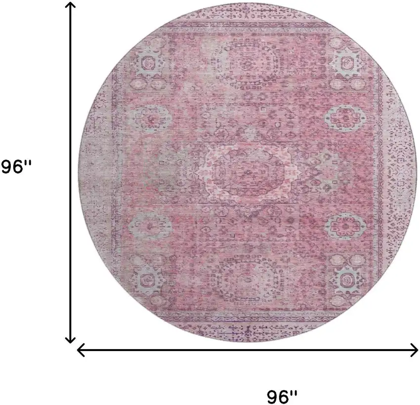 8' Pink And Gray Oriental Washable Round Rug With UV Protection Photo 9
