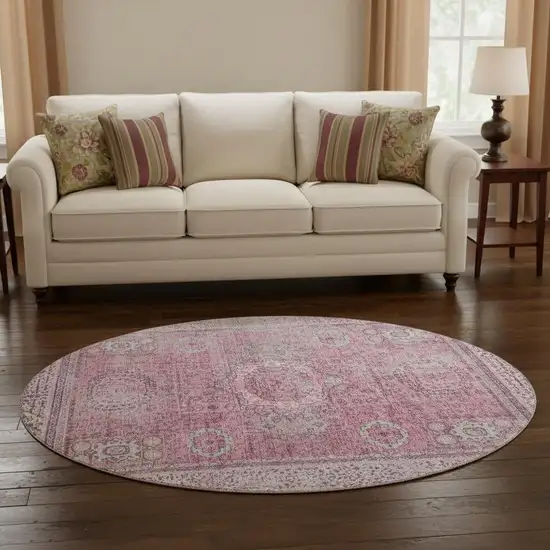 8' Pink And Gray Oriental Washable Round Rug With UV Protection Photo 2