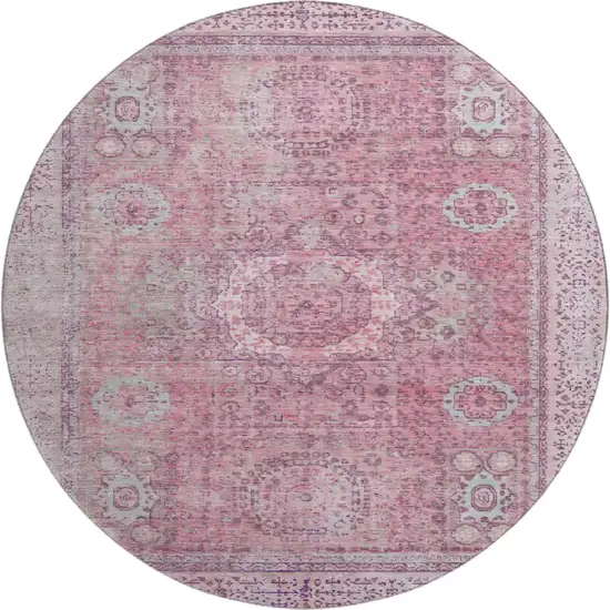 8' Pink And Gray Oriental Washable Round Rug With UV Protection Photo 1