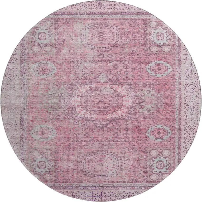 8' Pink And Gray Oriental Washable Round Rug With UV Protection Photo 1