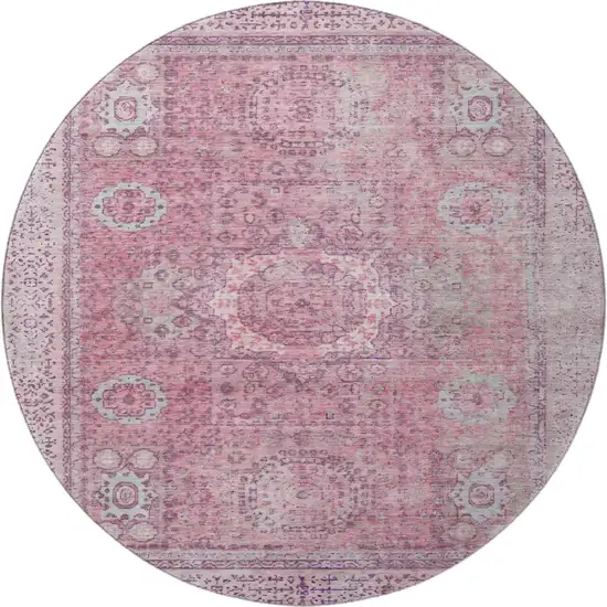 8' Pink And Gray Oriental Washable Round Rug With UV Protection Photo 3