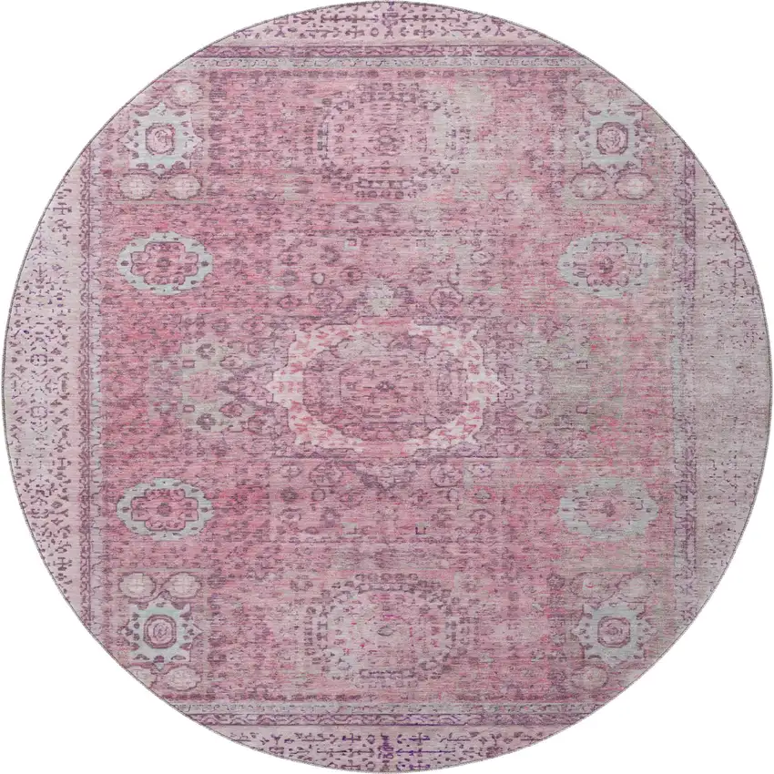 8' Pink And Gray Oriental Washable Round Rug With UV Protection Photo 3
